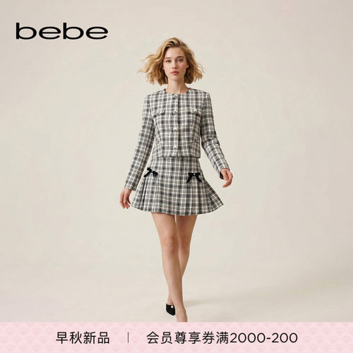 bebe2026秋季新款女士复古格纹丝绒蝴蝶结含棉高腰A字百褶半裙