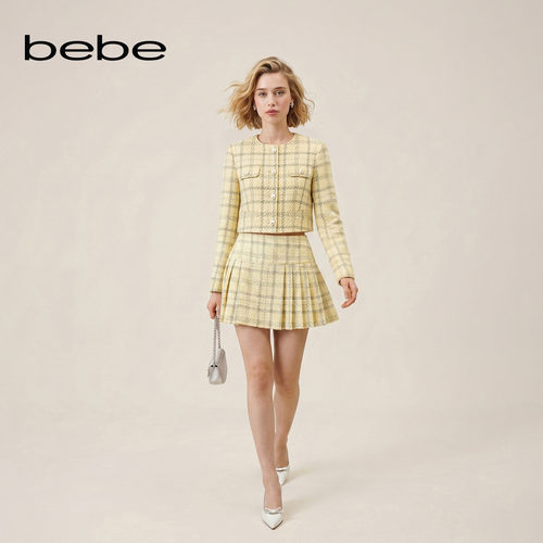 bebe2026秋季新款学院风复古粗花呢格纹高腰含羊毛百褶半裙320207