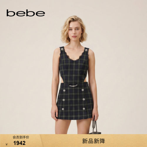 bebe2026秋季新款女士英伦风色织格纹U型领修身连衣裙350012