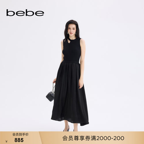 bebe女士赫本风收腰显瘦圆领无袖黑色连衣裙330701