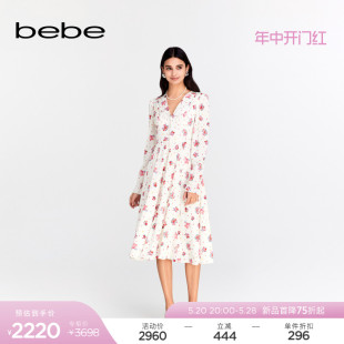 bebe2024春夏新款 连衣裙150042 中长款 女士桑蚕丝碎花V领长袖