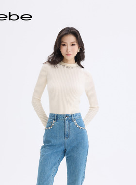 bebe2025秋冬新款女士知性风含羊毛半高领亮银色针织上衣430517