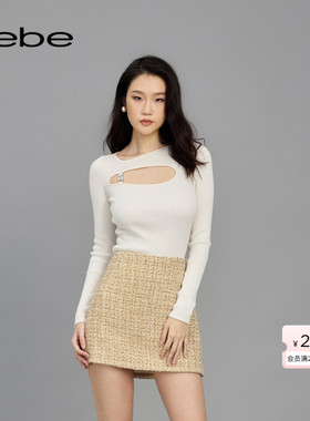 bebe2025春季新款女士含羊毛不对称领口长袖打底针织上衣130502