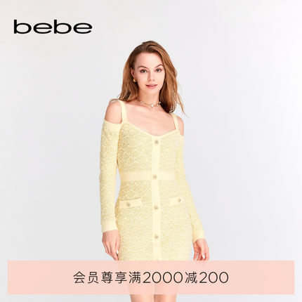 bebe春夏系列女士小香风吊带一字肩纯色短款针织连衣裙150030