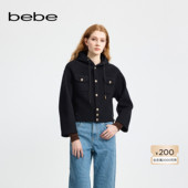 bebe冬季 女士含羊毛双面呢宽松箱型纽扣缀饰连帽夹克外套440302