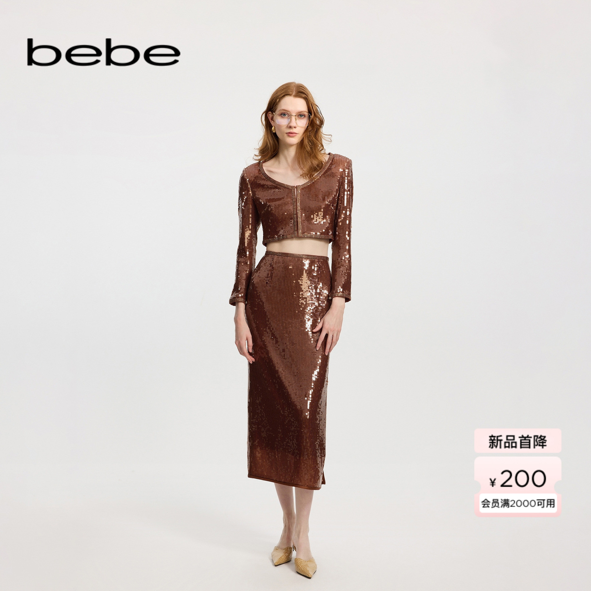 bebe冬季新款直身亮片半身裙