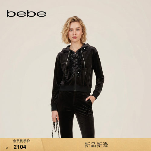 bebe2026秋季新款女士复古风落肩连帽丝绒蕾丝褶边烫钻夹克340305