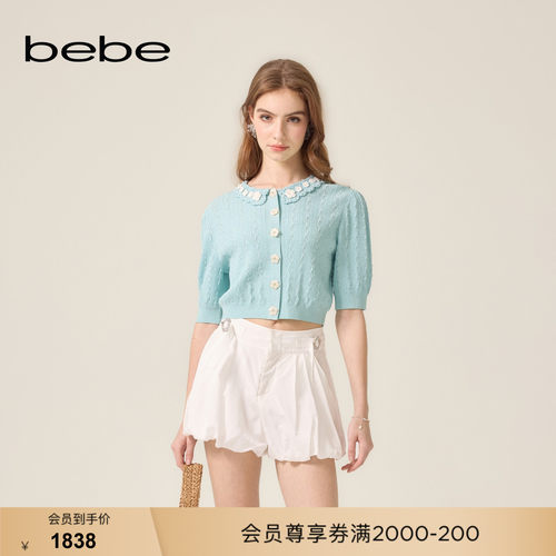 bebe2026夏季新款女士甜美风钩花娃娃领花朵装饰针织开衫230603