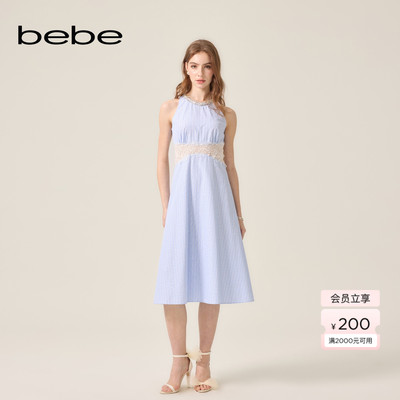 bebe2026夏季新款女士温柔千金风含棉蕾丝拼接收腰连衣裙250017