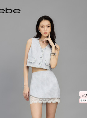 bebe2025春季女士含羊毛编织花边缀饰粗花呢背心马甲142002