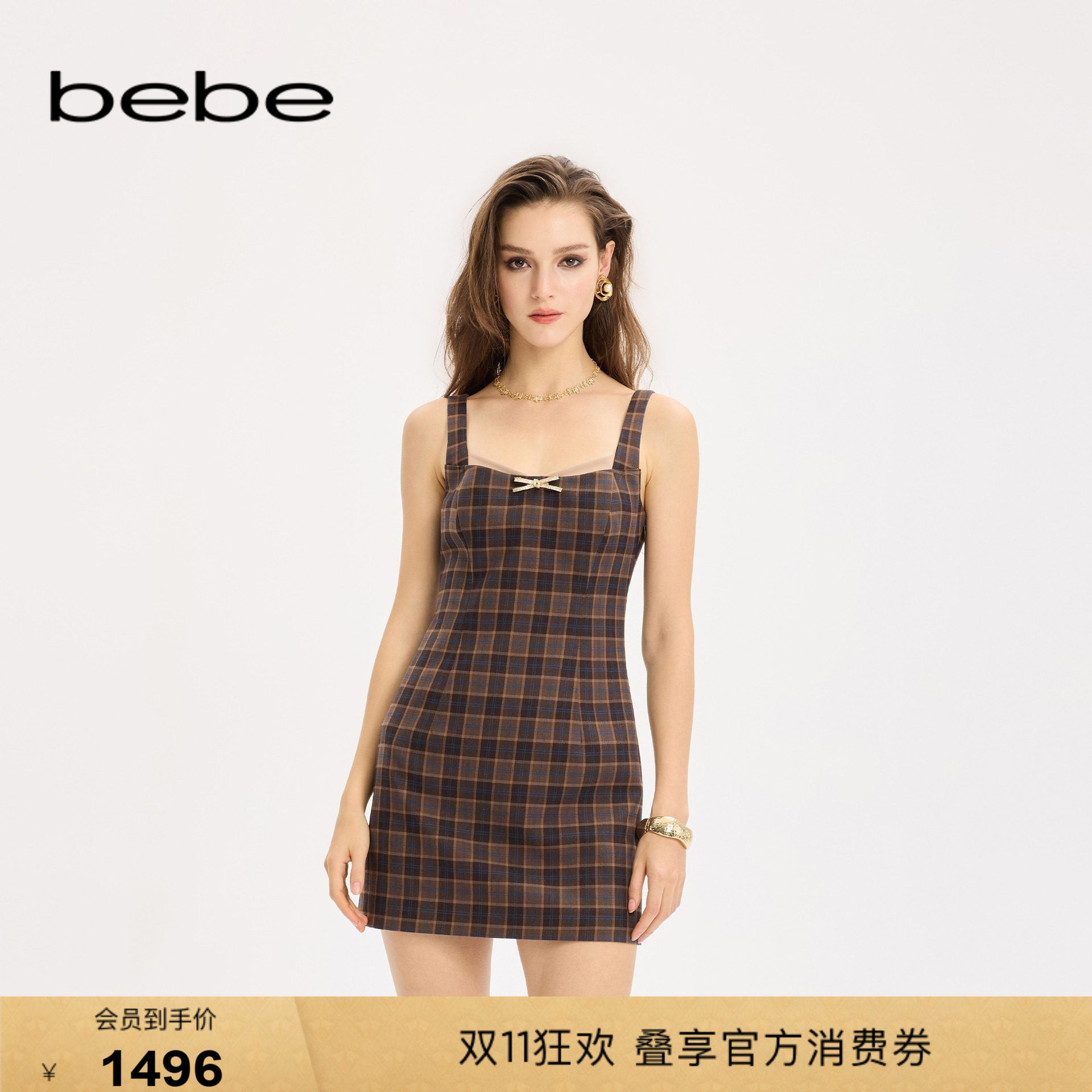 bebe女士复古学院风格纹设计蝴蝶结吊带A字连衣裙350015