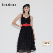 bebe春夏系列女中长款 蕾丝纯色气质晚宴拼接针织连衣裙150004