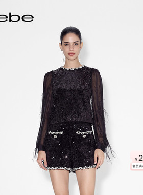 bebe冬季系列女士纯色圆领微透羽毛长袖蕾丝衫上衣480102