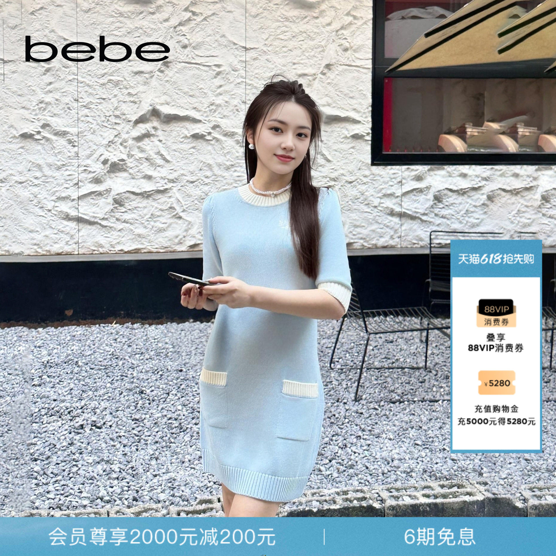 bebe春夏女士温柔小香风含棉包针绣撞边收口袖针织连衣裙130902