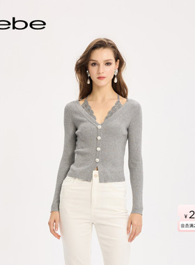 bebe2025秋季新款女V领挂脖蕾丝针格雷系毛衣织开衫330615