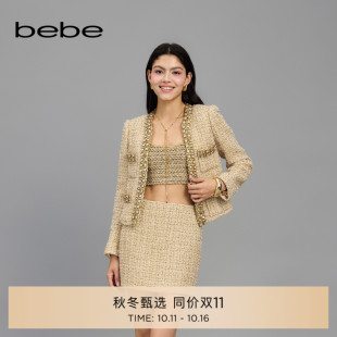 bebe2025春季 女士金属钻链缀饰粗花呢夹克外套140301 新款
