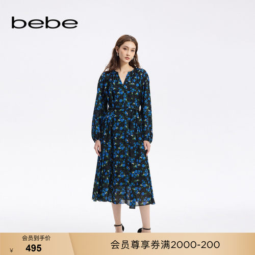 bebe秋季新款大裙摆印花连衣裙