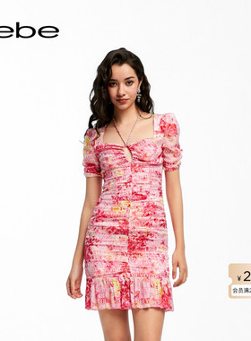 bebe夏季系列女士气质花卉印花短款连衣裙250019