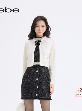 bebe2025秋冬新款女士白色经典圆领含羊毛设计针织开衫430607
