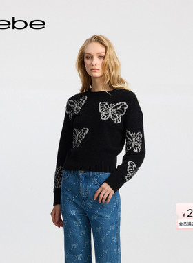 bebe冬季系列女士含羊驼毛别致优雅蝴蝶珠片纱宽松针织上衣430507