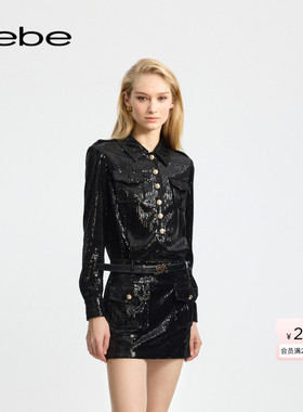 bebe冬季系列女士经典包臀衬衫廓形丝绒珠片装饰连衣裙450009