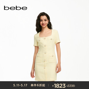 bebe2024夏季 花纱小香风粗花呢纯色短款 方领连衣裙250033 新款