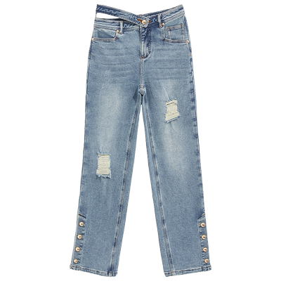 bebe冬季新款镂空直筒牛仔裤