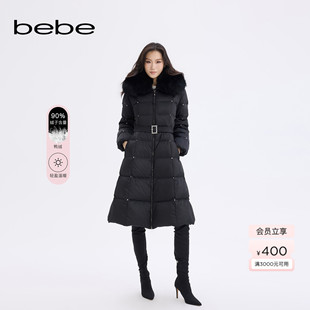 bebe2025秋冬新款女士通勤风狐狸毛毛领束带沙漏长款羽绒服403103