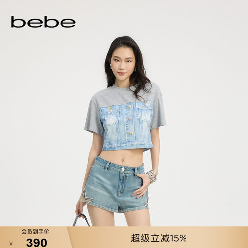 bebe夏季新款印花拼接宽松T恤