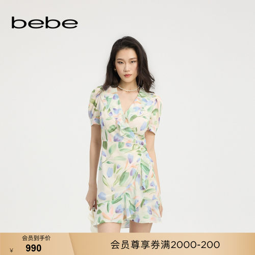 bebe夏季新款印花雪纺连衣裙