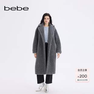 bebe2025秋冬新款 女士大翻领设计羊毛质感仿皮草大衣外套402105