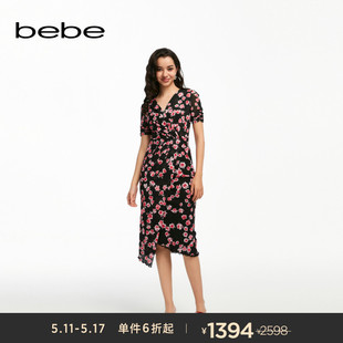 bebe2024夏季 女士气质薄款 网纱印花连衣裙250005 新款