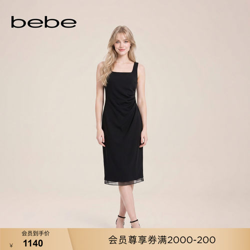 bebe2026冬季新款女士小香风复古优雅宴会方领连衣裙450004