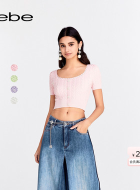 bebe春夏系列女士短款收腰U领泡泡袖短袖针织上衣130509