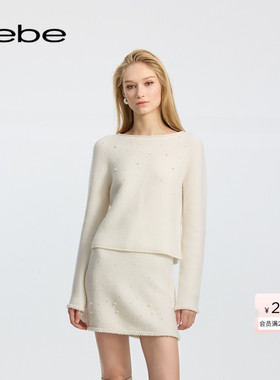 bebe冬季女士含羊毛仿珍珠装饰花边千金风高级套头针织上衣430525