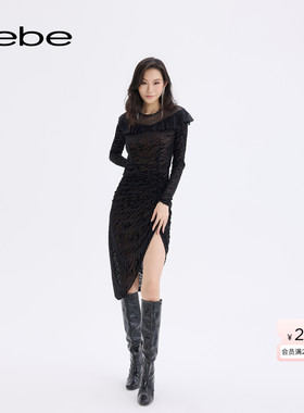 bebe2025秋冬新款女士网纱拼接一字肩设计不规则裙摆连衣裙450005