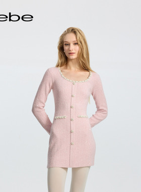 bebe冬季系列女士甜美仿珍珠链条花边饰花式纱针织连衣裙430904
