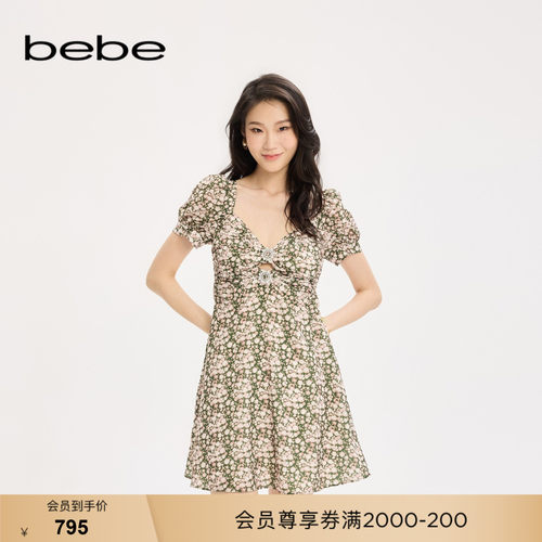 bebe女士春夏清新感A字深V领泡泡袖收腰碎花印花雪纺连衣裙250059