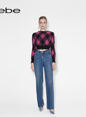bebe冬季系列女士时尚高腰微喇开叉长款牛仔裤411010