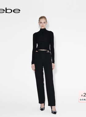 bebe冬季系列女士气质修身纯色镂空直筒长裤休闲裤411001