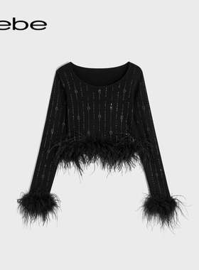 bebe春夏女士含羊毛羽毛袖口针织上衣130511