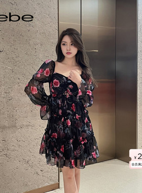 【玫瑰印花】bebe夏季系列女士气质印花A字版型连衣裙250086