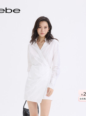 bebe2025秋季新款女士高智精英感白色长袖交叉领衬衫连衣裙350004