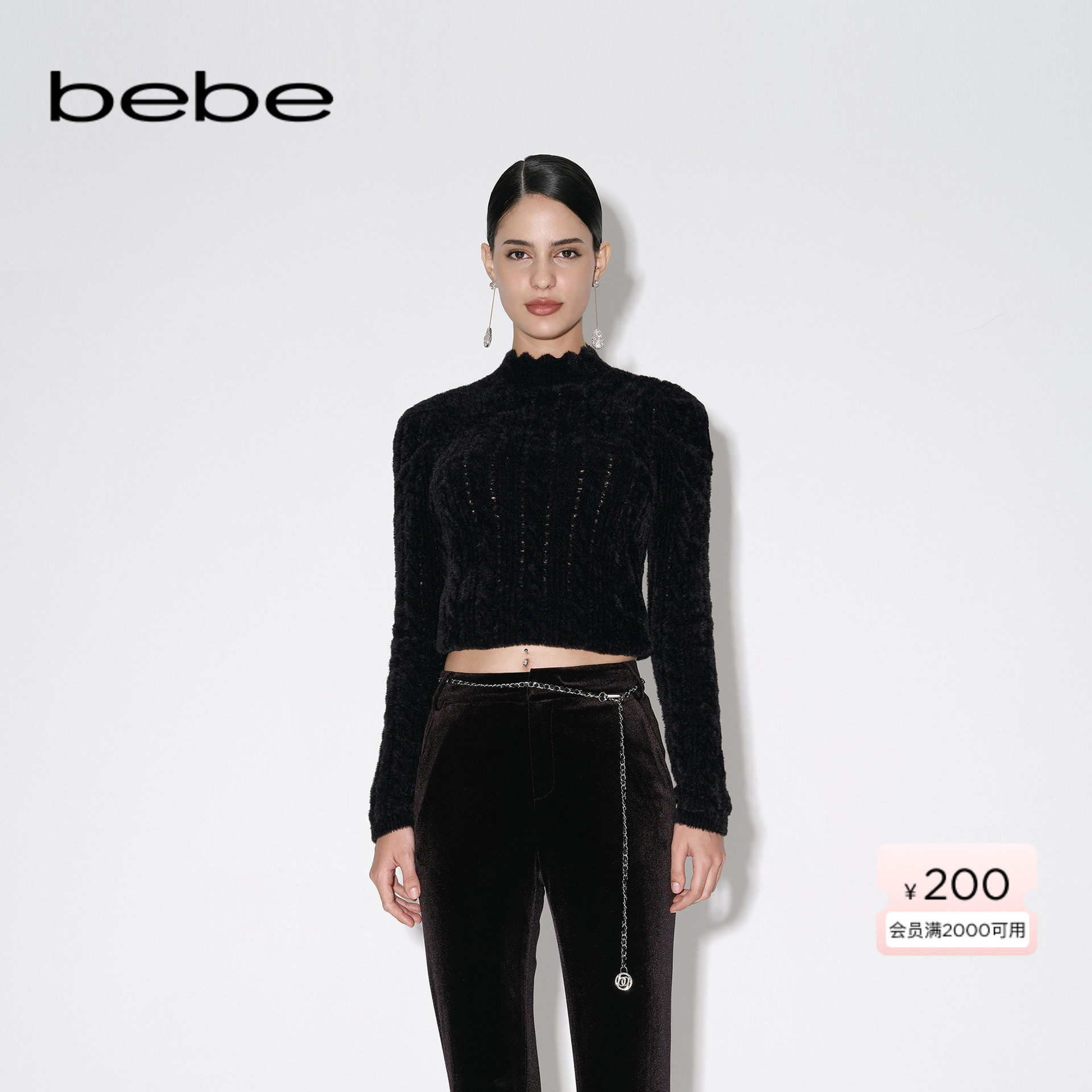 bebe秋冬新品半高领泡泡袖针织衫