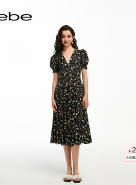 bebe夏季系列V领中长款碎花印花连衣裙250013