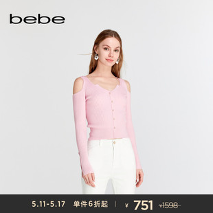 针织上衣130505 纯色羊毛修身 女士甜美V领长袖 bebe2024春夏新款