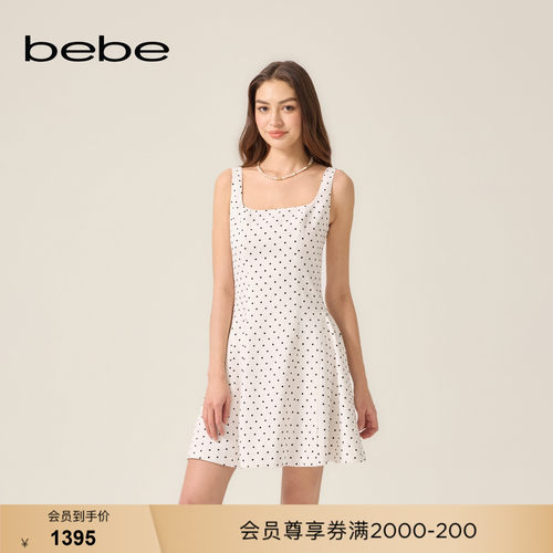 bebe2026夏季新款女士赫本风含亚麻波点调节绑带背心连衣裙250001