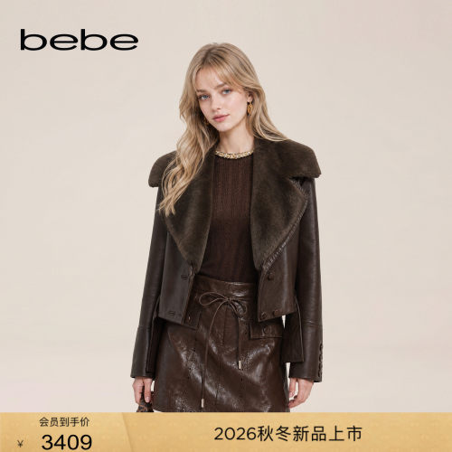 bebe2026冬季新款女士复古风仿水貂翻领PU皮革双排扣皮衣401102
