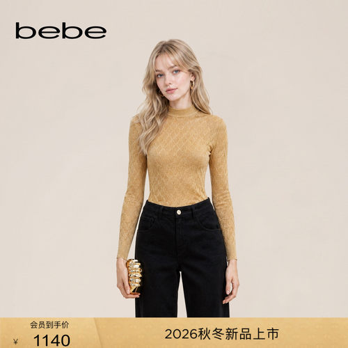 bebe2026冬季新款通勤风菱格纹理细闪半高领修身针织上衣430503