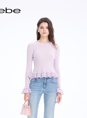 bebe2026早春新款女士含羊毛褶皱花边设计花边袖针织上衣130504